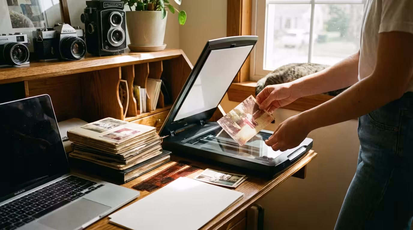 A person scanning a vintage family photograph on a modern flatbed scanner in a sunlit home office.