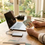 A photographer holding a physical photo next to a modern laptop and external SSD on a wooden desk.