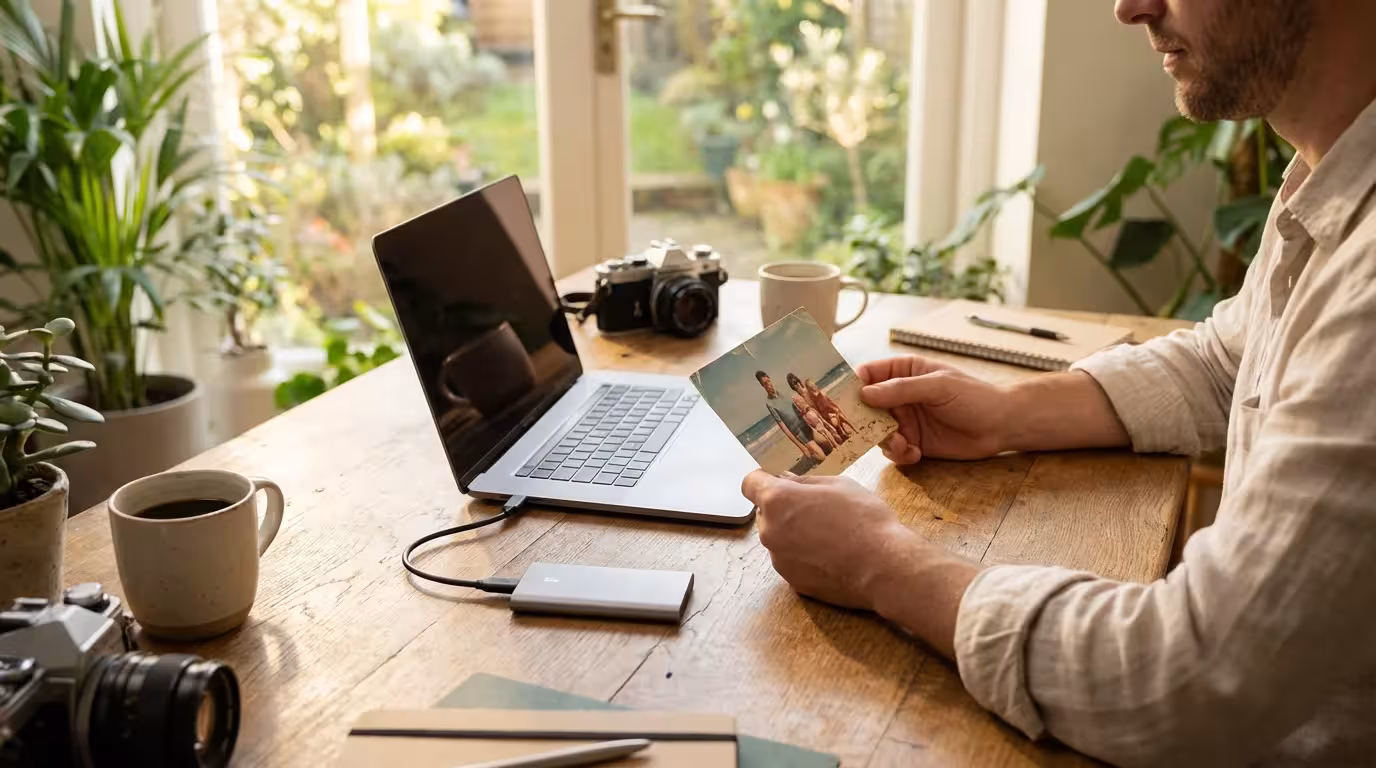 A photographer holding a physical photo next to a modern laptop and external SSD on a wooden desk.