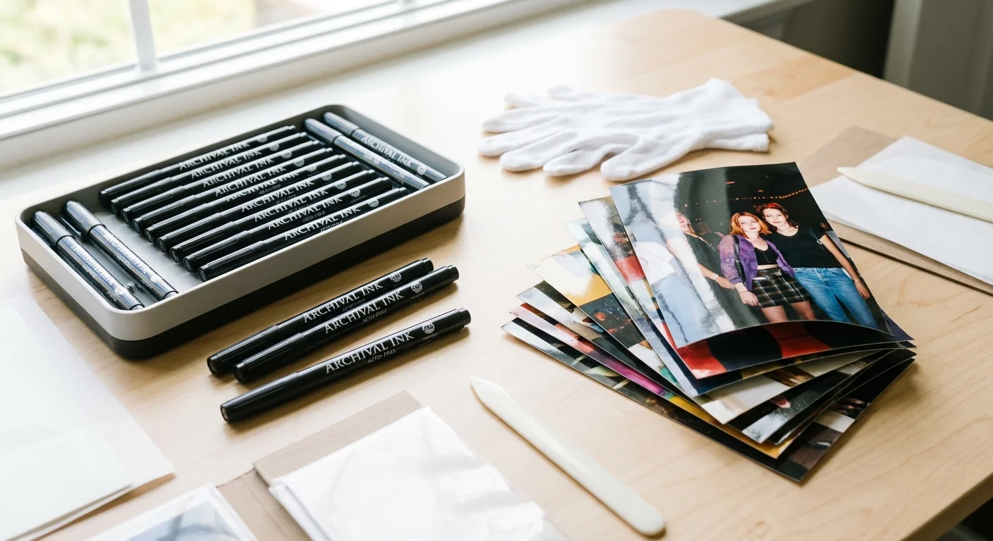 Black archival markers arranged next to glossy color photo prints on a bright desk.