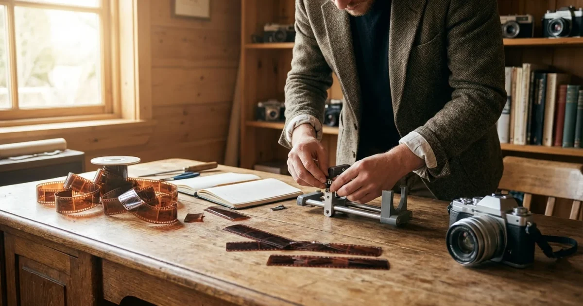 A person assembling a DIY camera scanning rig on a wooden desk with vintage film and a modern camera.