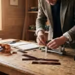 A person assembling a DIY camera scanning rig on a wooden desk with vintage film and a modern camera.