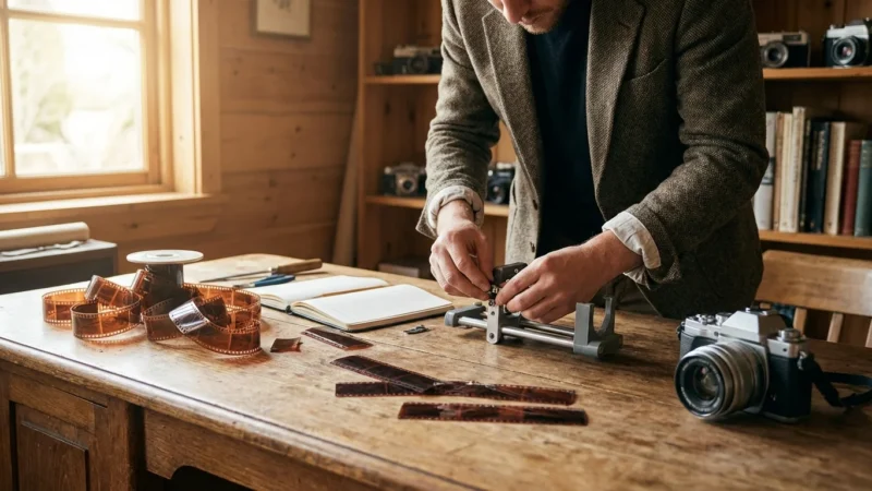 A person assembling a DIY camera scanning rig on a wooden desk with vintage film and a modern camera.