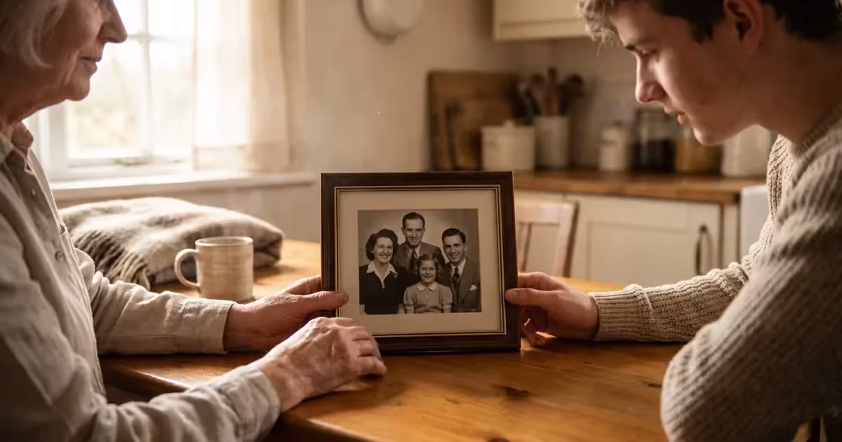 A grandmother and grandson looking at a vintage family photograph together in a sunlit room.