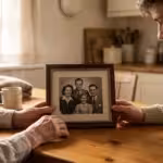 A grandmother and grandson looking at a vintage family photograph together in a sunlit room.