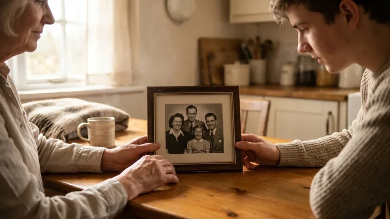 A grandmother and grandson looking at a vintage family photograph together in a sunlit room.