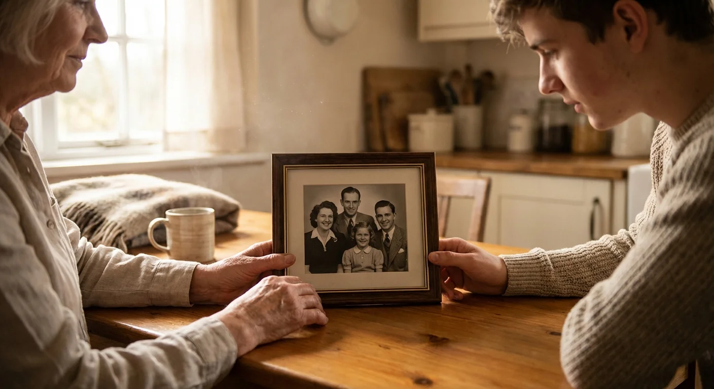 A grandmother and grandson looking at a vintage family photograph together in a sunlit room.