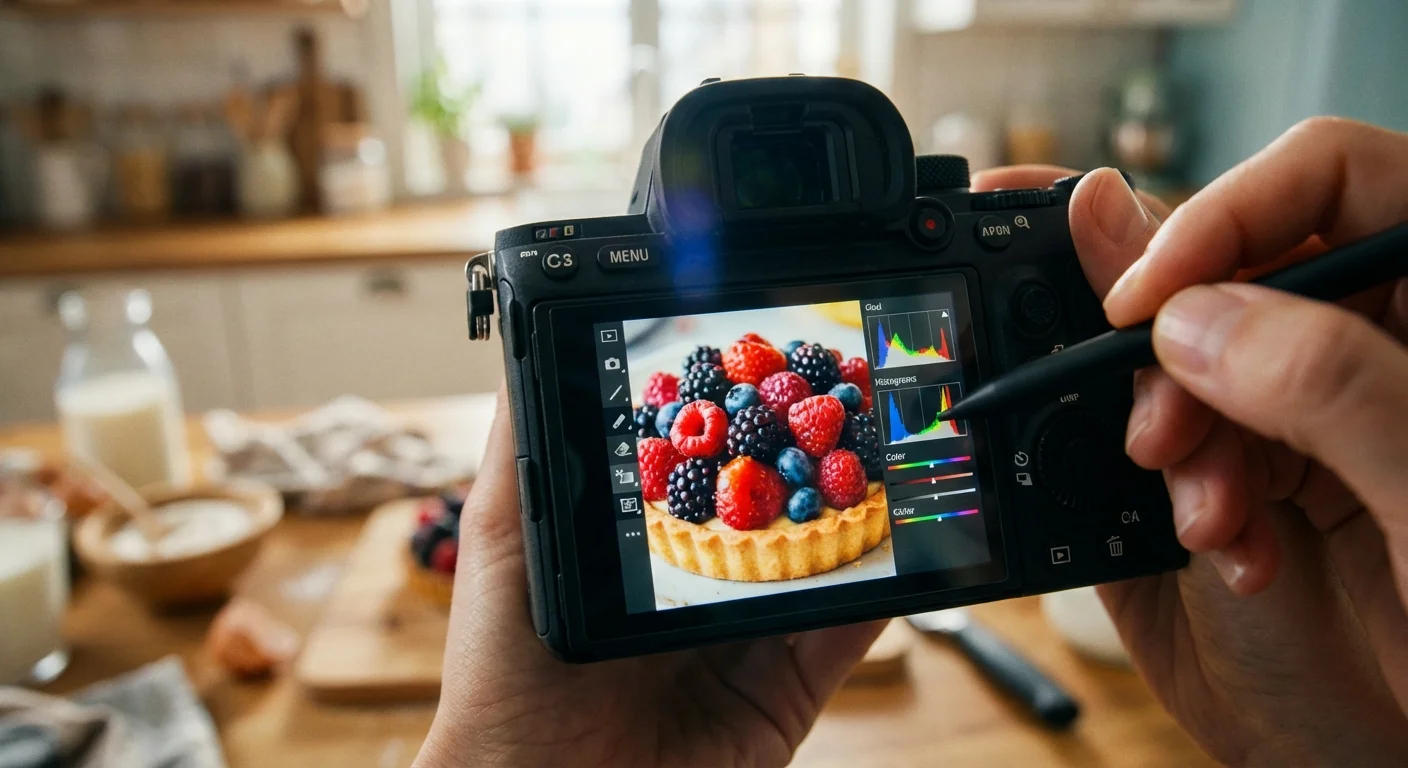 Camera screen showing a sharp, edited photo of a berry tart with vibrant colors.