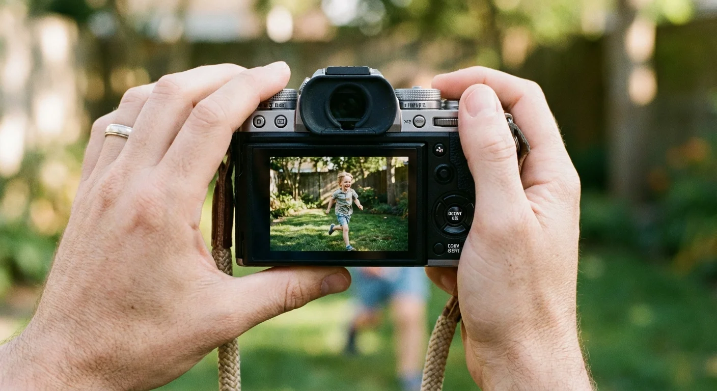 Close-up of a camera screen displaying a sharp action shot of a child.