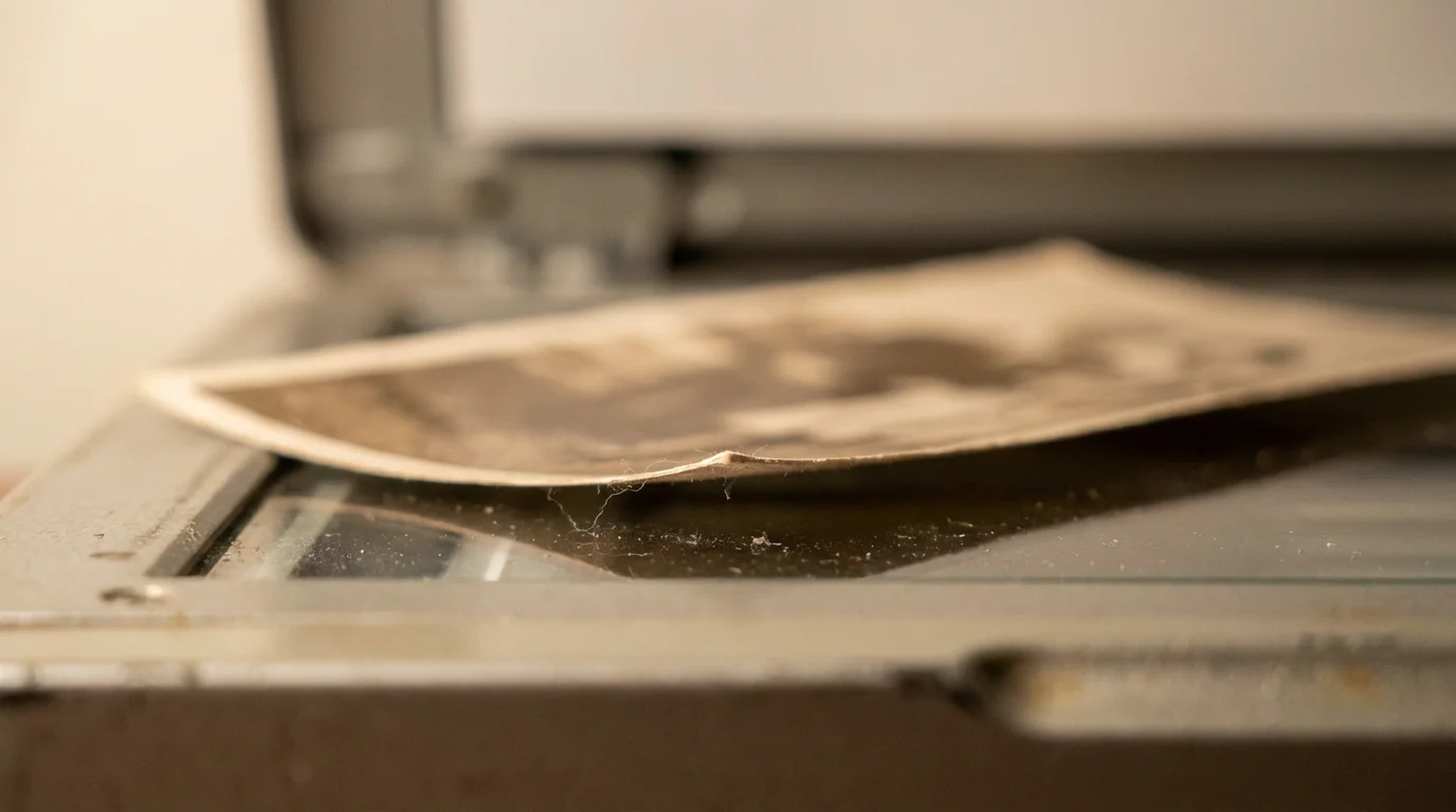 Close-up of a curled vintage photo on a scanner glass, showing the physical texture and depth challenges.