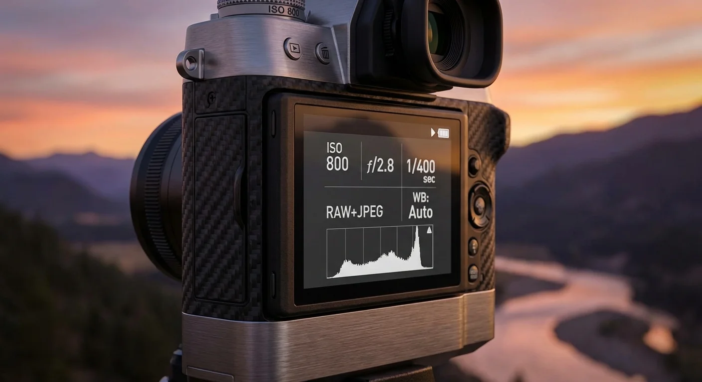 Close-up of a digital camera screen showing technical settings like ISO and aperture.