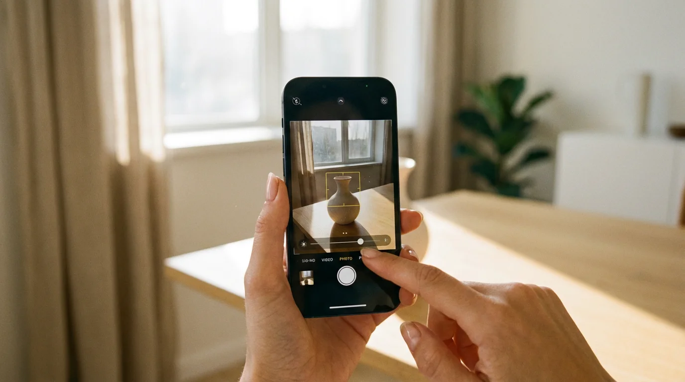 Close-up of a hand adjusting focus and exposure on a smartphone camera screen.