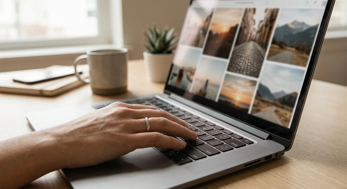 Close-up of a hand deleting blurry photos on a laptop screen.