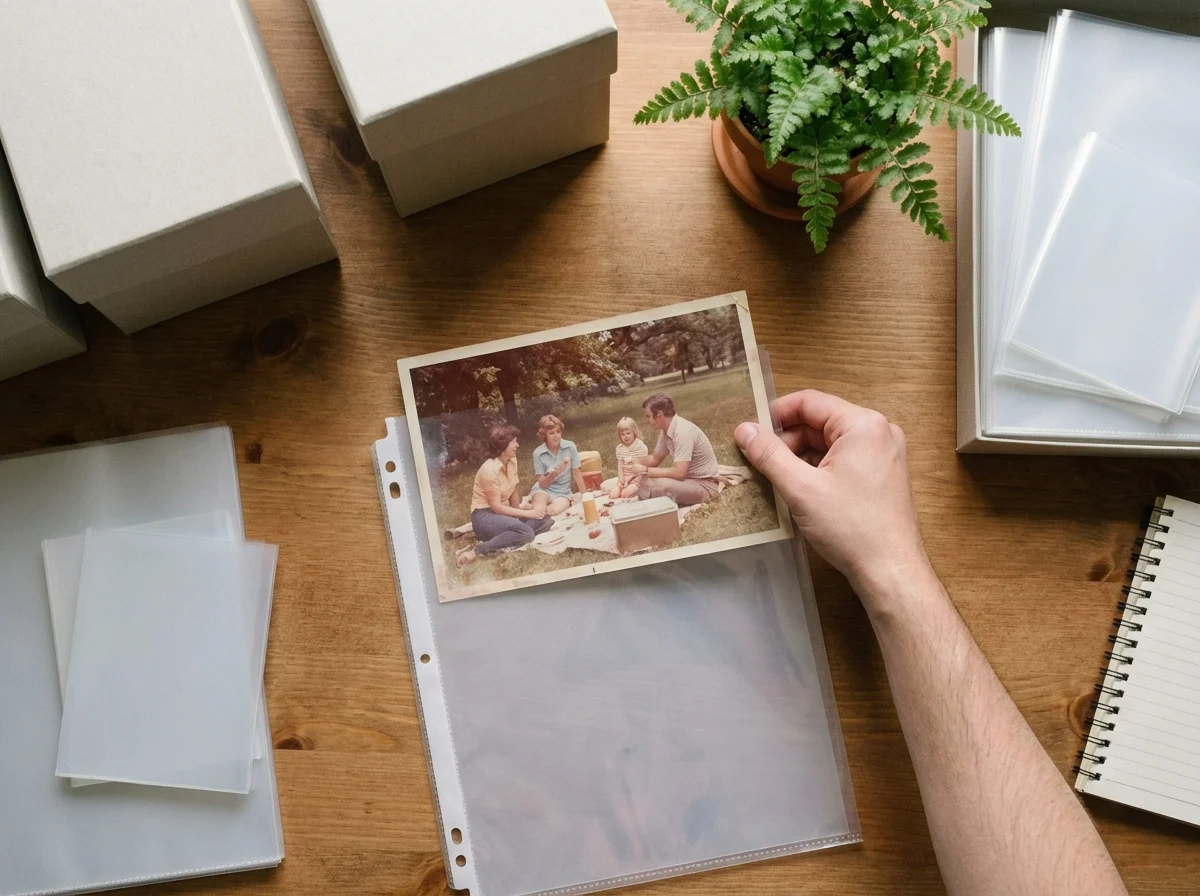 Close-up of a hand placing a photograph into a clear archival sleeve next to acid-free storage boxes.