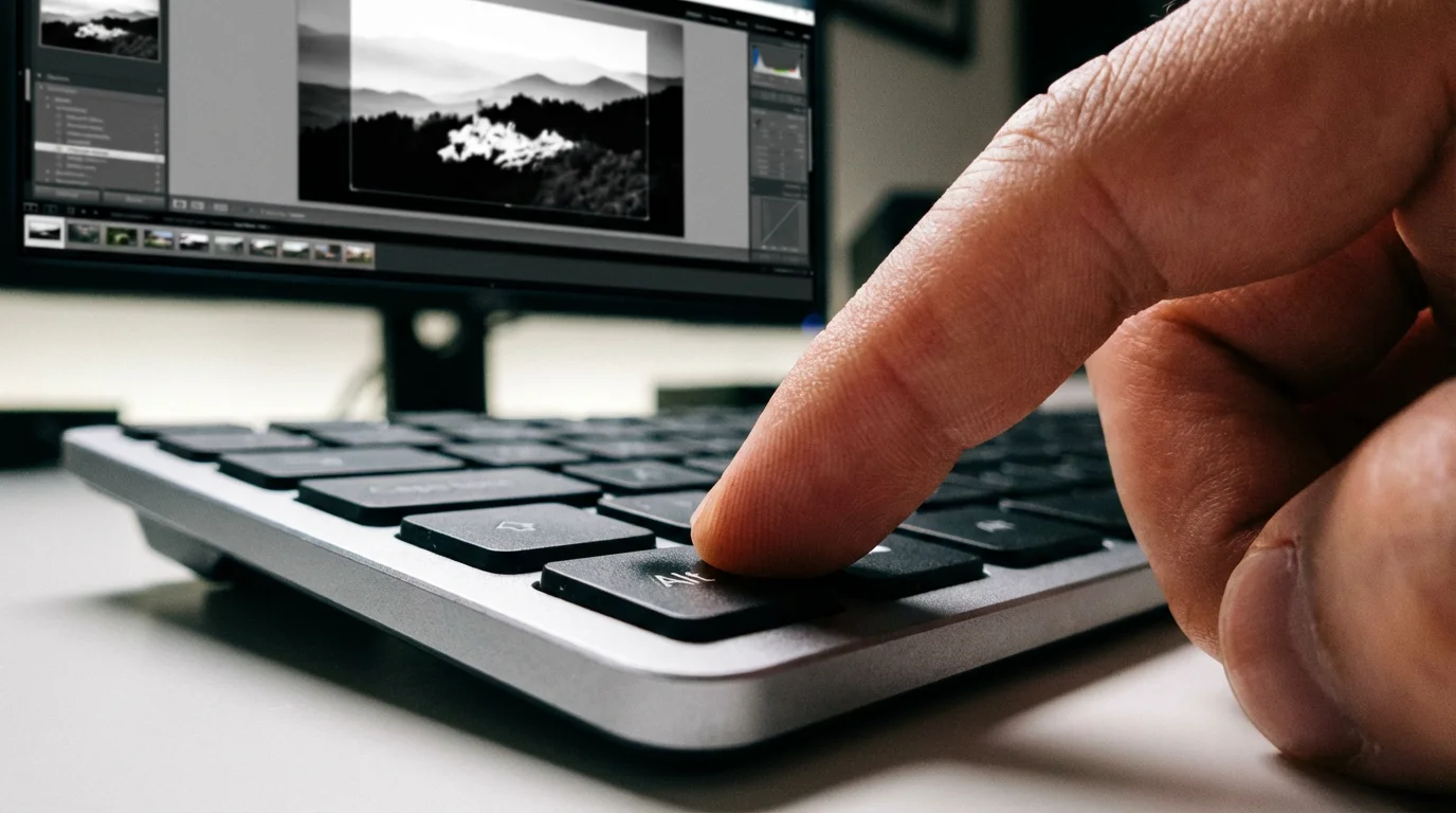 Close-up of a hand pressing the Alt key while editing a photo on a computer screen to see highlight clipping.