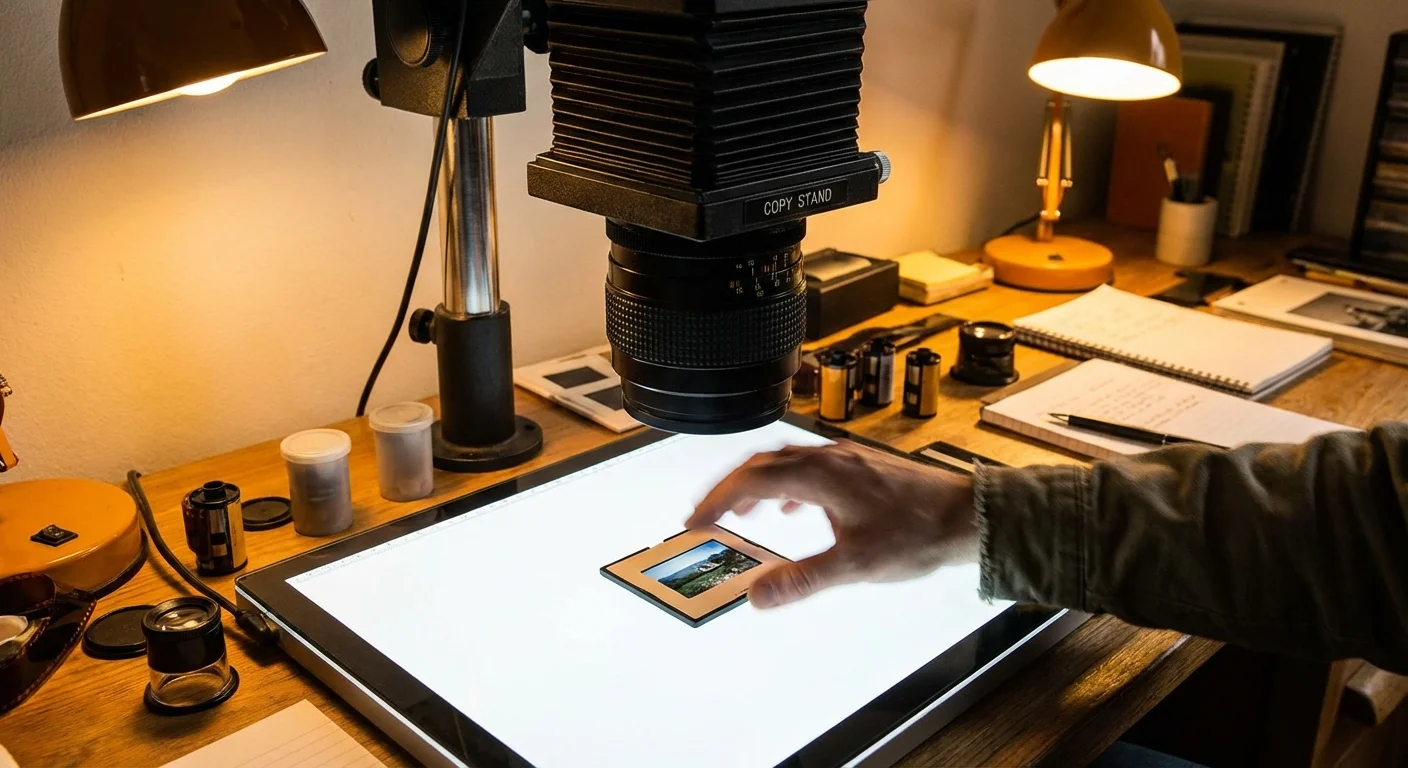 Close-up of a hand quickly swapping a 35mm slide under a camera rig, showing speed and efficiency.