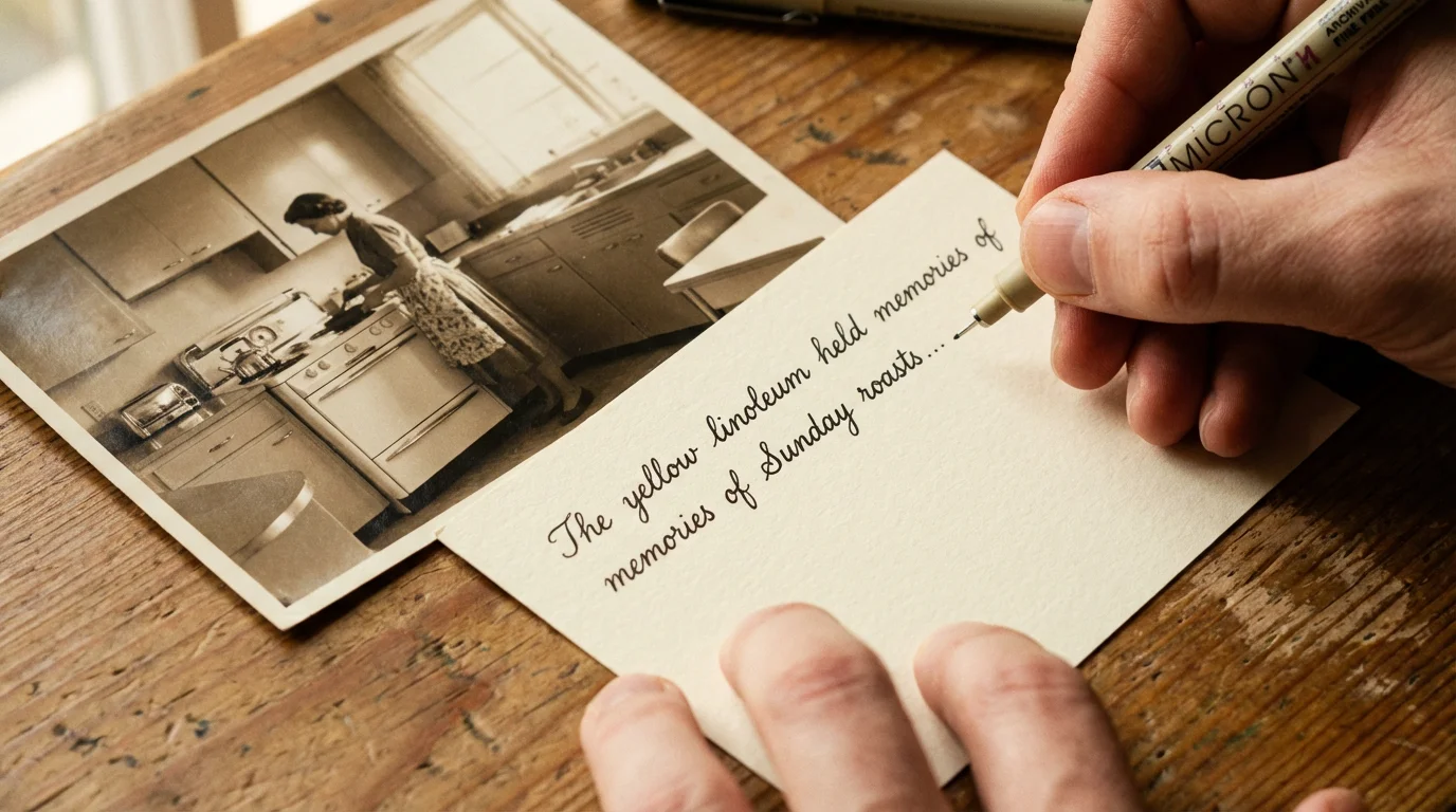 Close-up of a hand writing a caption for a family photo using a special pen.