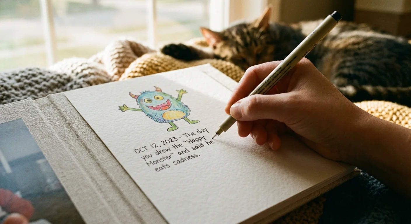 Close-up of a hand writing a story next to a photo in a child's art book.