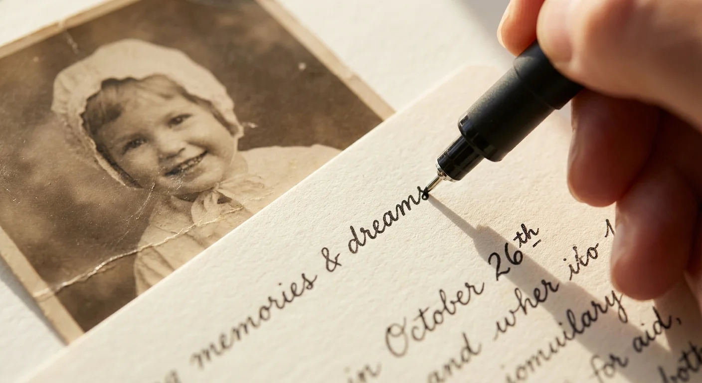 Close-up of a hand writing a story on a journaling card in a scrapbook.