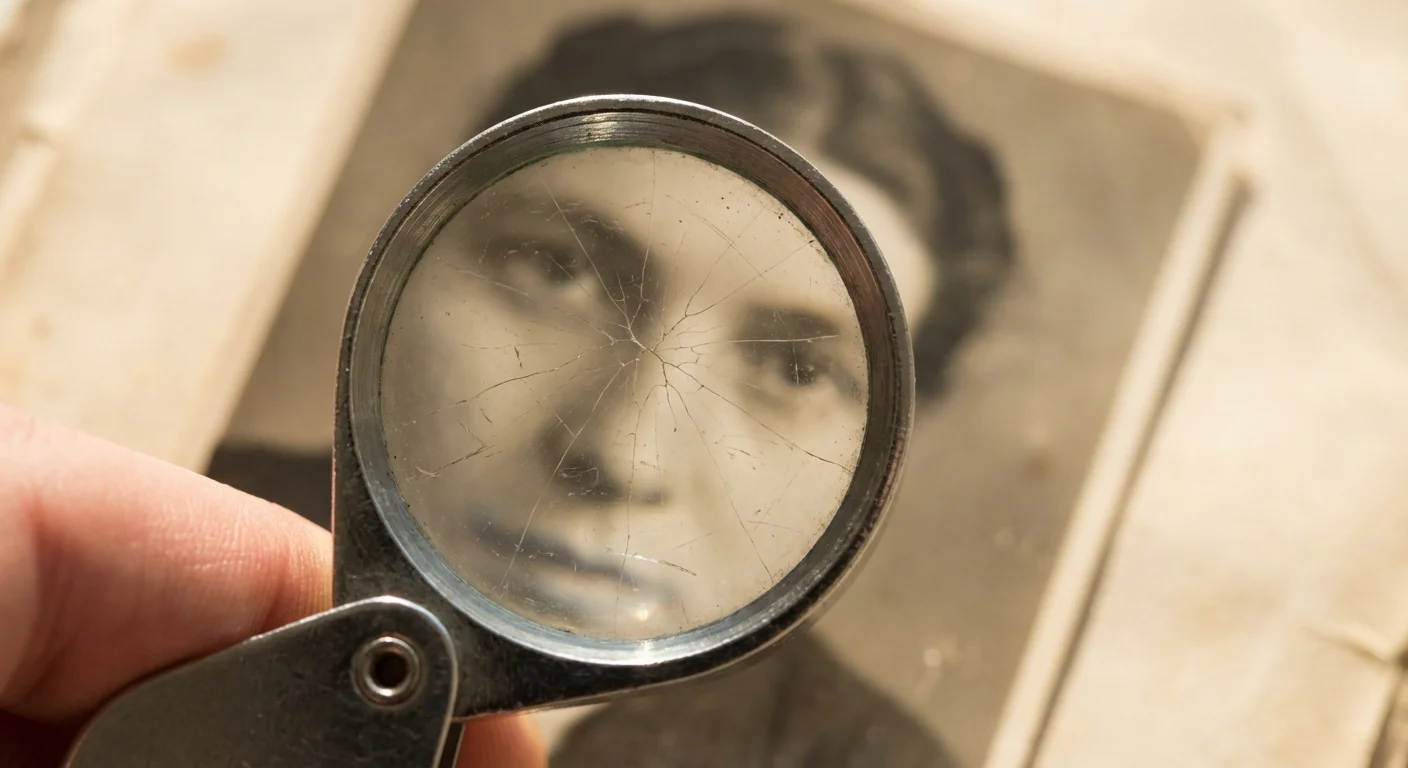Close-up of a magnifying glass over a damaged vintage photo showing cracks and scratches.