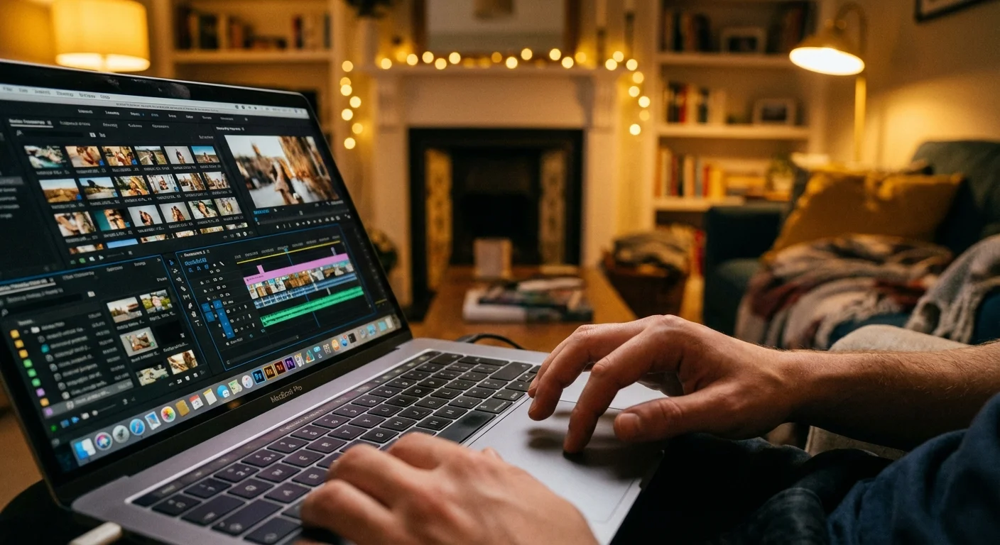 Close-up of a person editing a video slideshow timeline on a laptop screen.