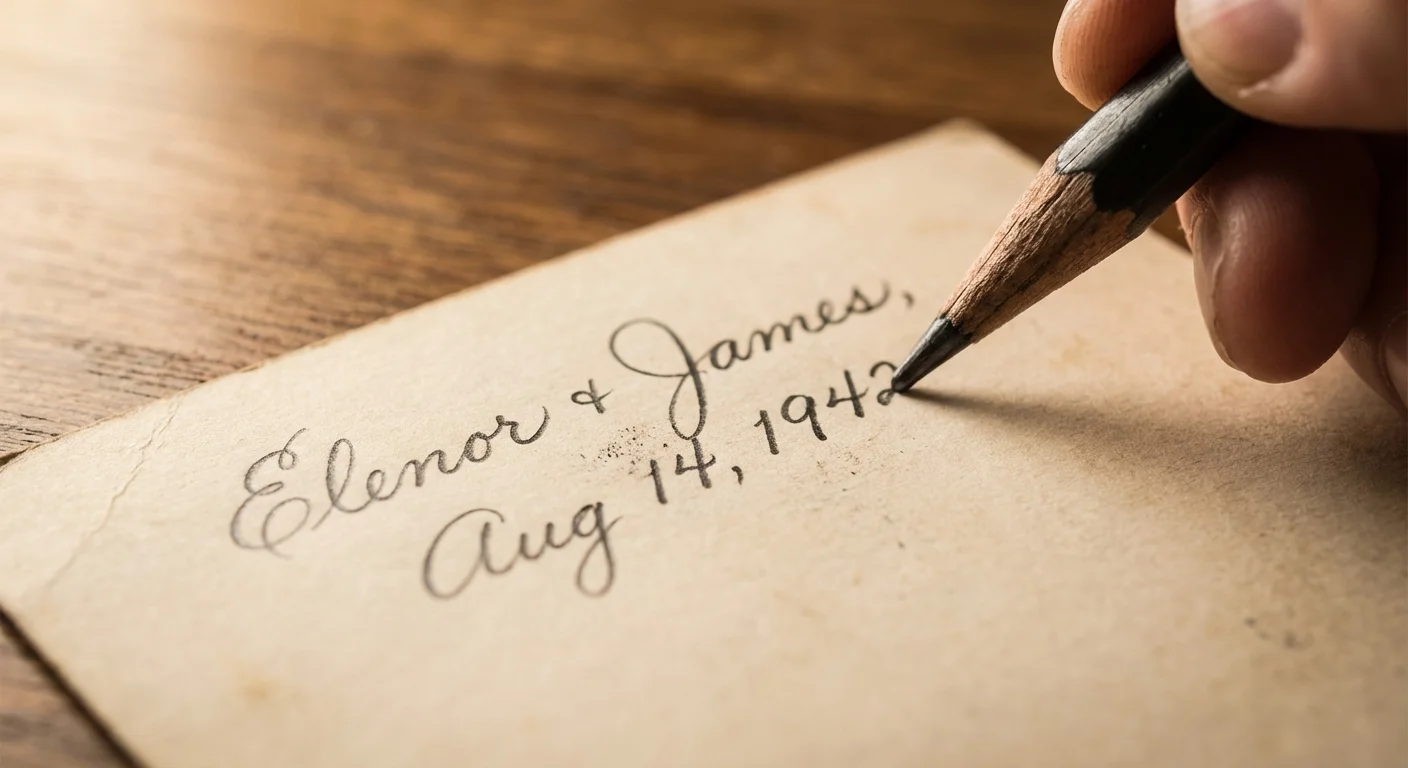 Close-up of a person writing names and dates on the back of an old family photo.