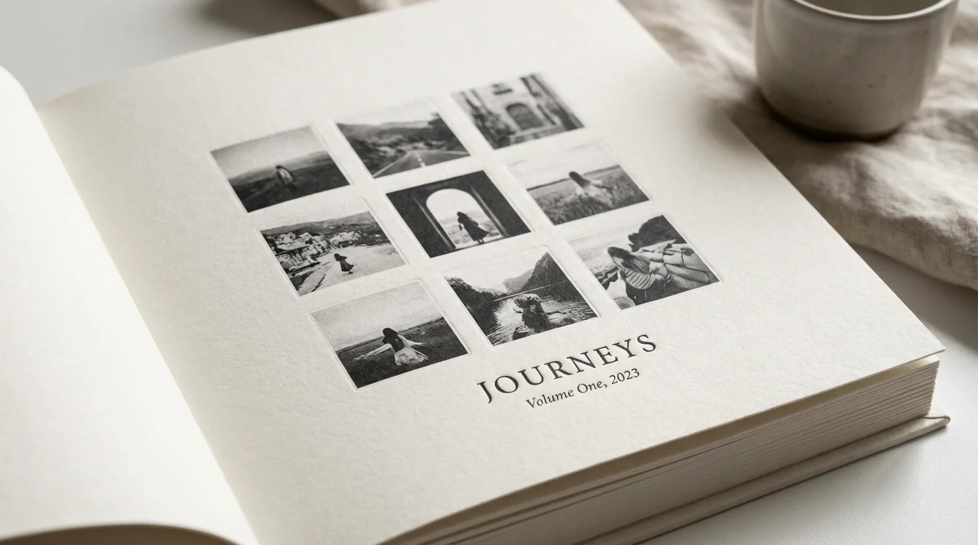 Close-up of a photo book page showcasing professional layout, matte paper, and elegant typography.