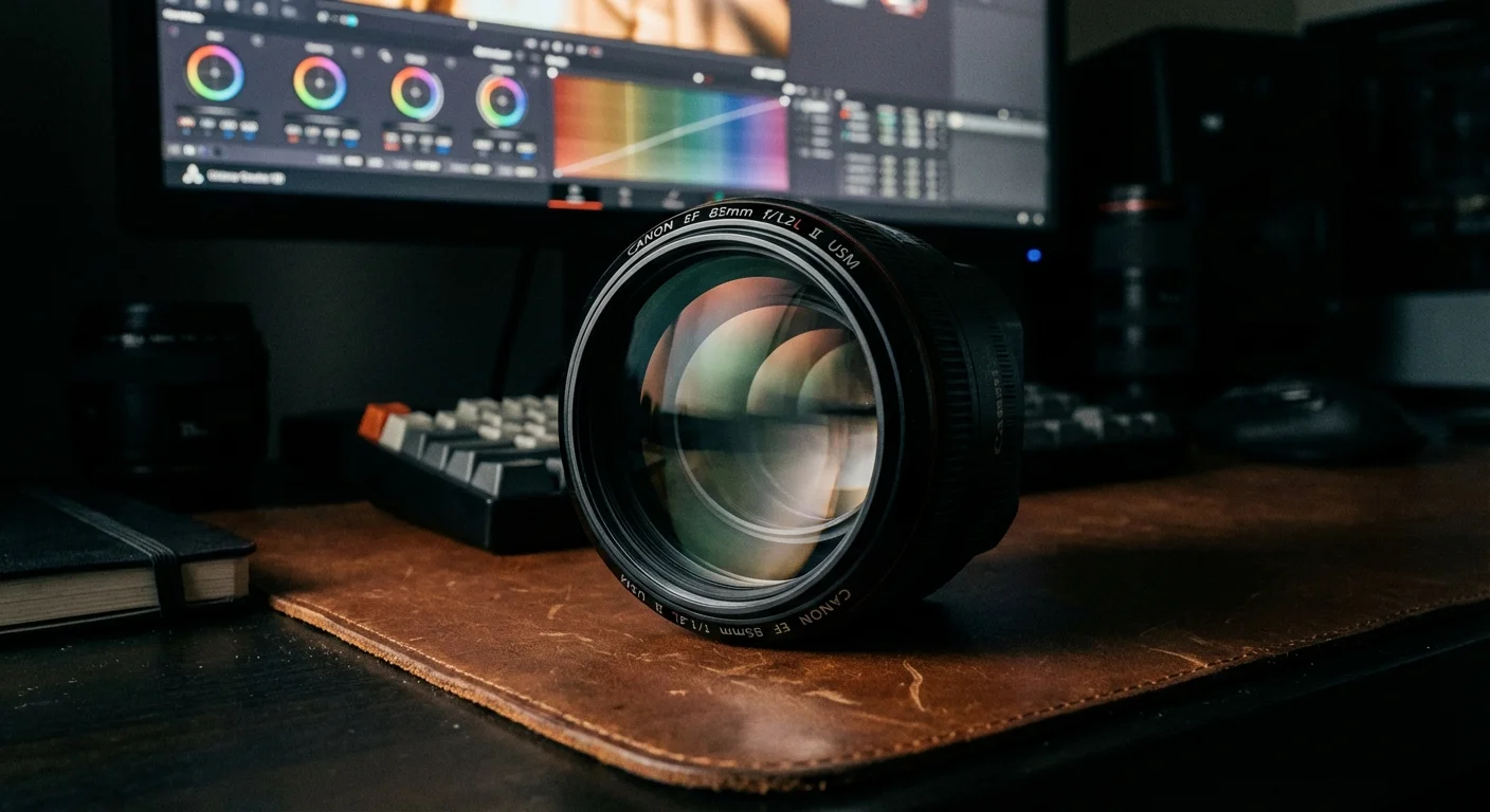 Close-up of a professional camera lens on a desk, representing precision and quality.