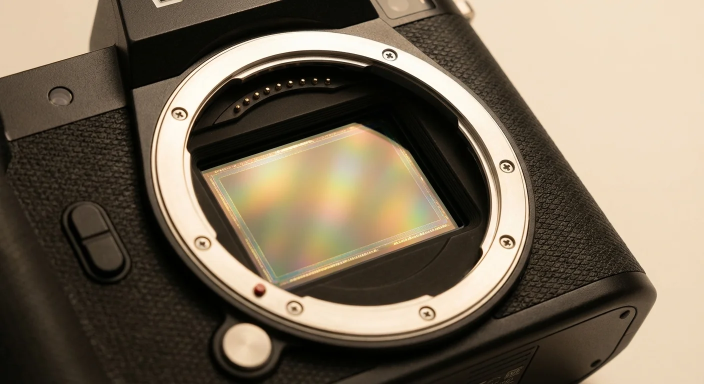 Close-up of a professional camera's internal sensor reflecting soft golden light.