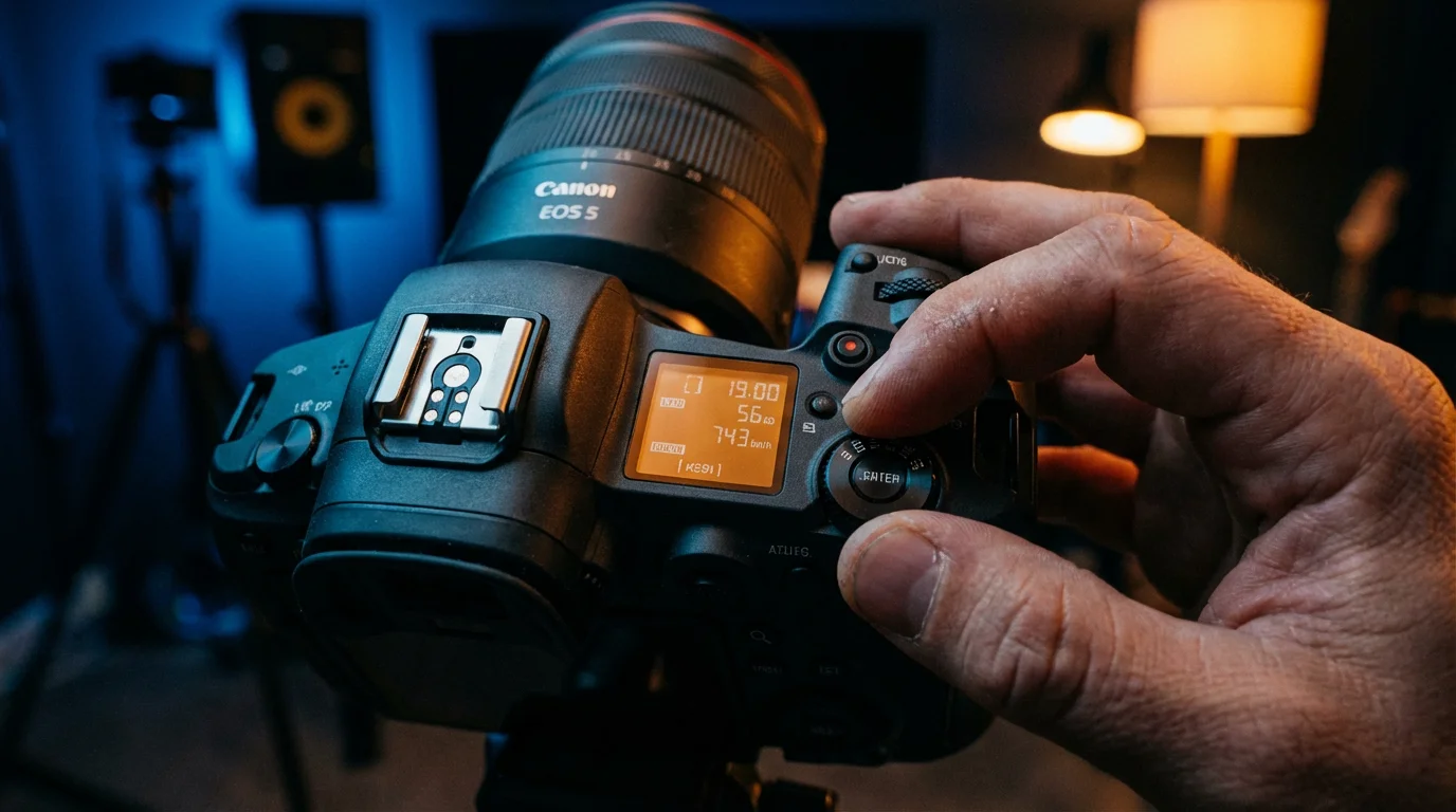 Close-up of a professional camera's settings display and a hand adjusting the dial.