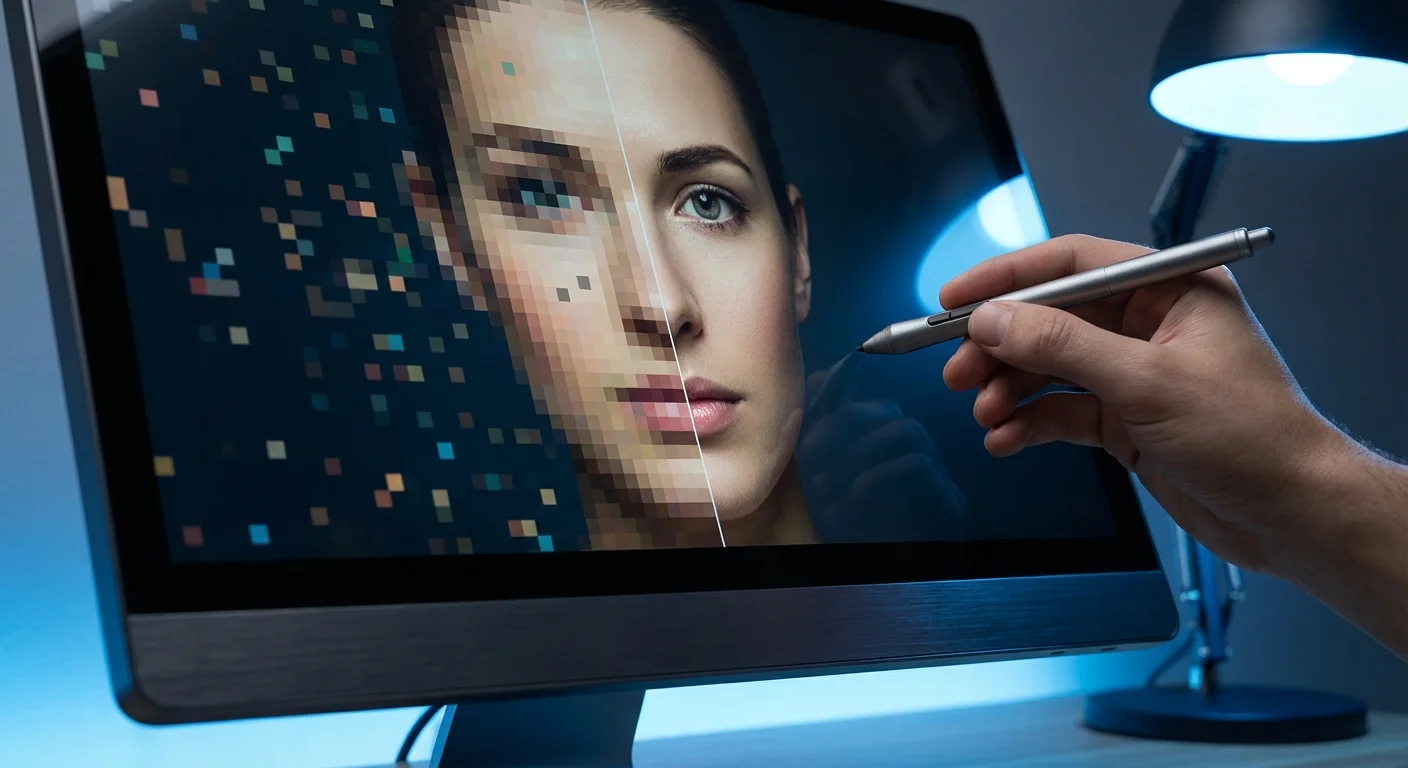 Close-up of a screen showing a photo being enhanced from pixelated to sharp.