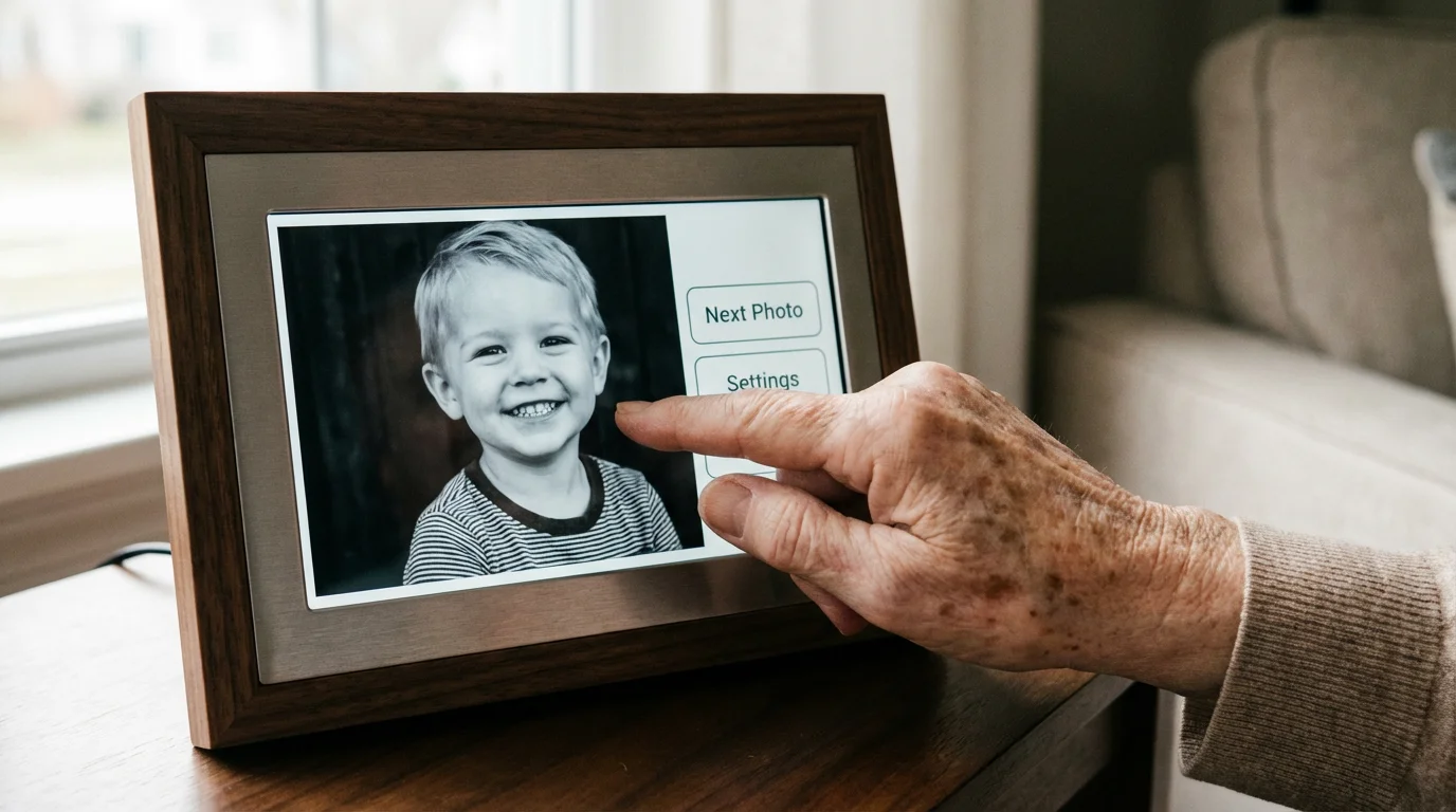 Close-up of a senior's hand interacting with a sleek, user-friendly digital photo frame.