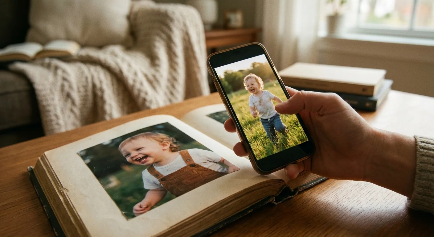 Close-up of a smartphone playing a video of a child, held over a matching still photo in a printed album.