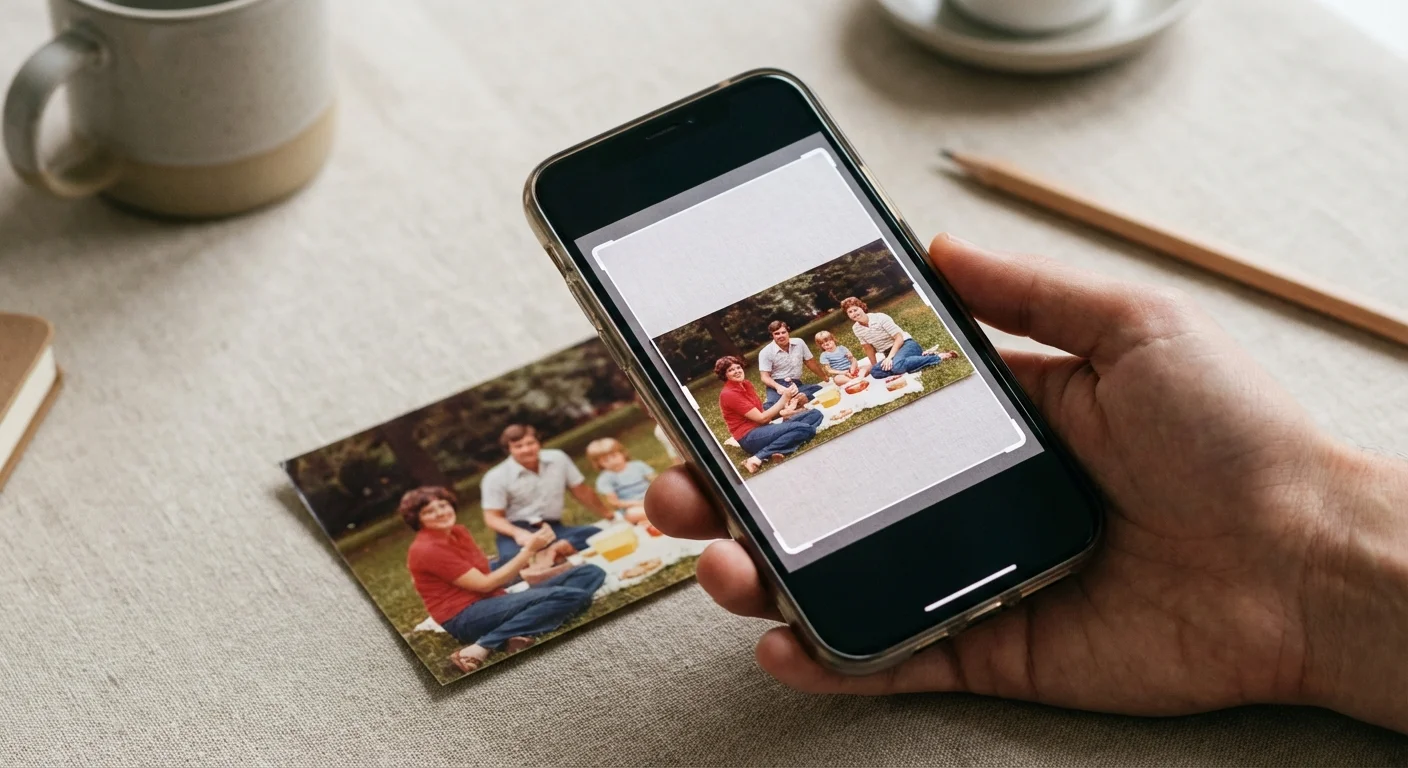Close-up of a smartphone screen aligning a digital frame over an old color photograph for scanning.