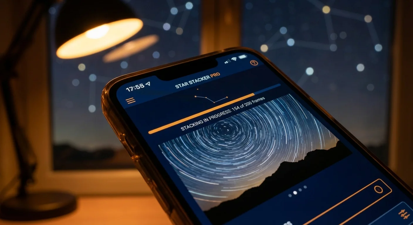 Close-up of a smartphone screen processing a long-exposure star photo.
