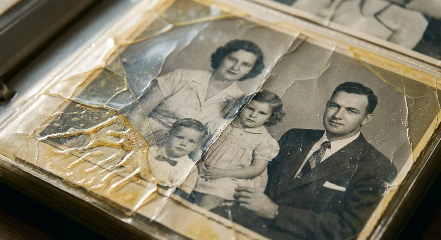 Close-up of a vintage photo album page with a plastic overlay and aged adhesive texture.