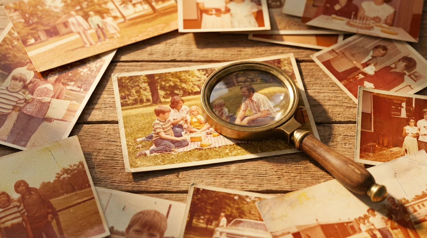 Close-up of faded vintage photographs on a wooden table with a magnifying glass.