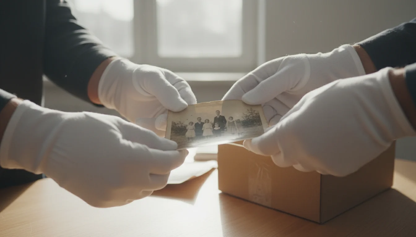 Close-up of gloved hands carefully holding an old black-and-white family photograph. Soft light from a window illuminates the scene.
