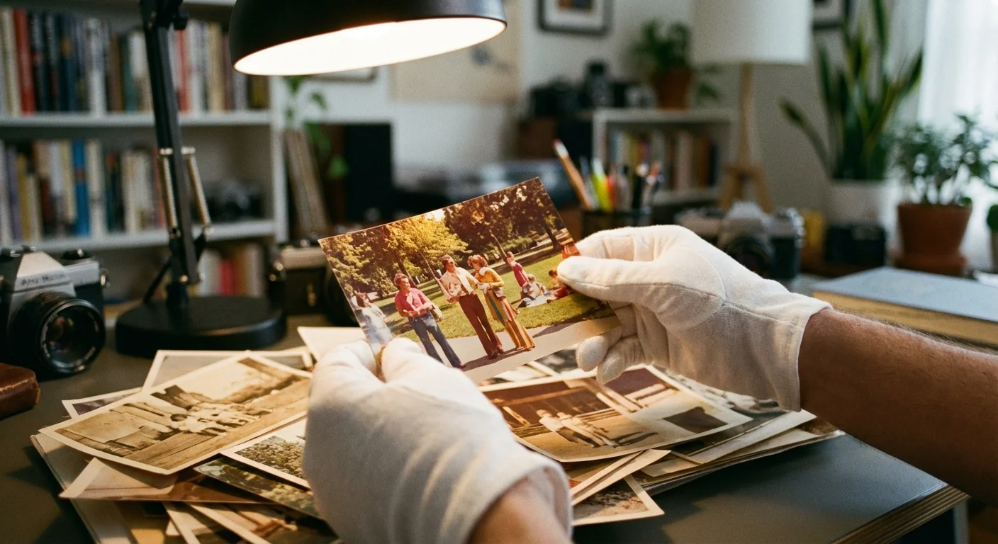 Close-up of gloved hands picking a specific vintage photo from a large collection.