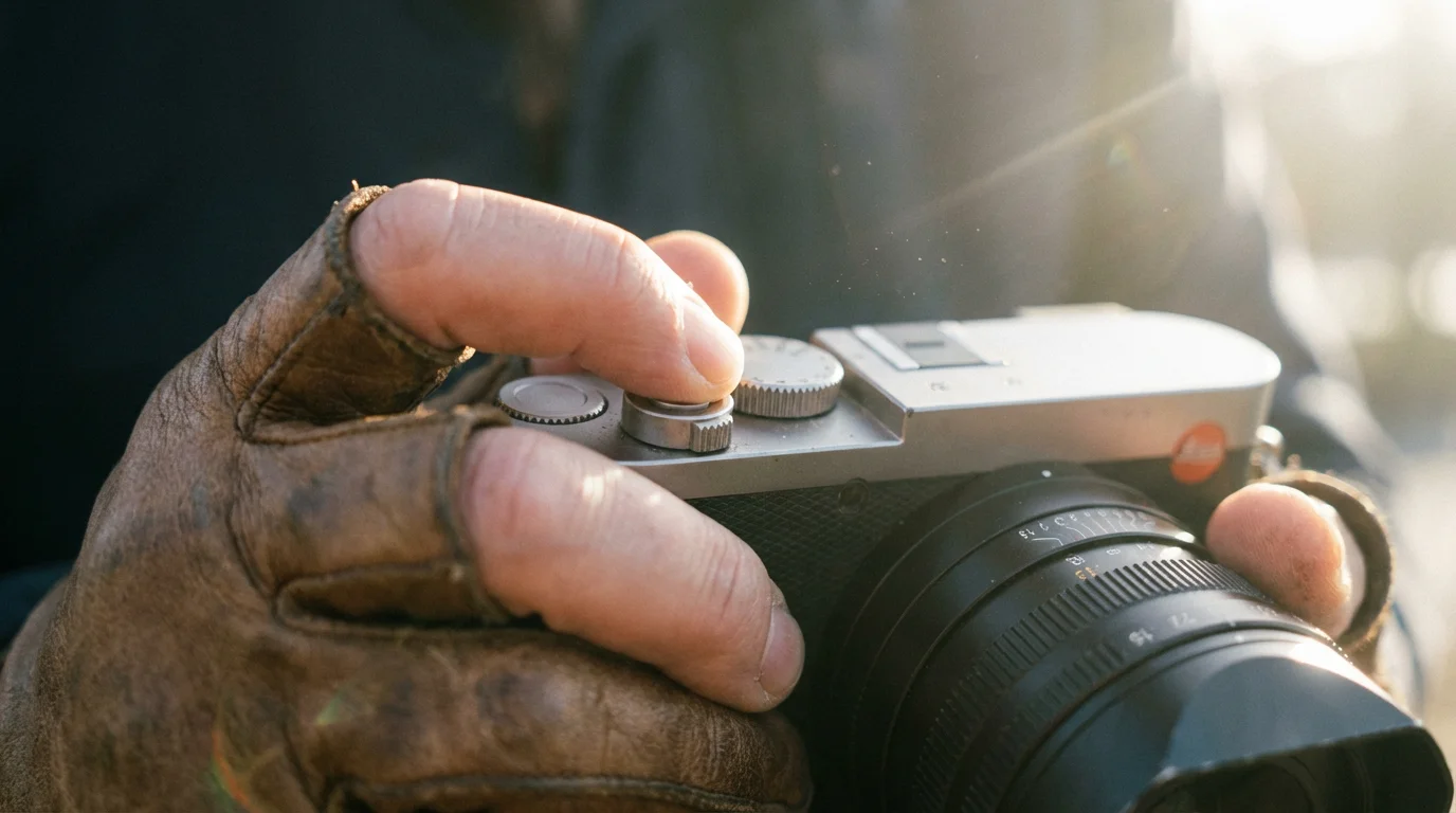 Close-up of hands adjusting settings on a camera in soft sunlight.