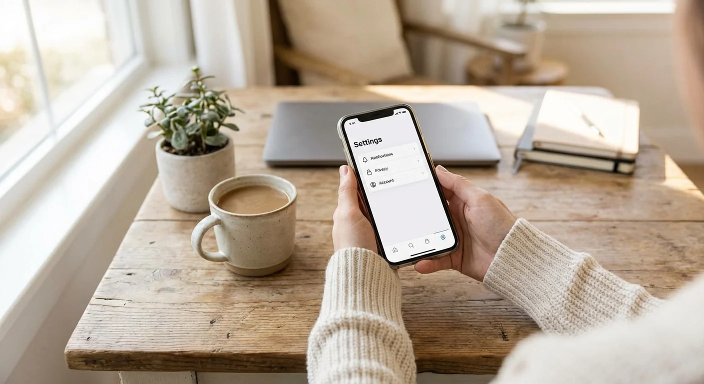 Close-up of hands adjusting smartphone settings next to a cup of coffee.
