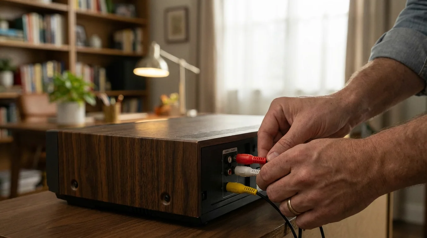Close-up of hands connecting yellow, white, and red cables to a VCR for video transfer.