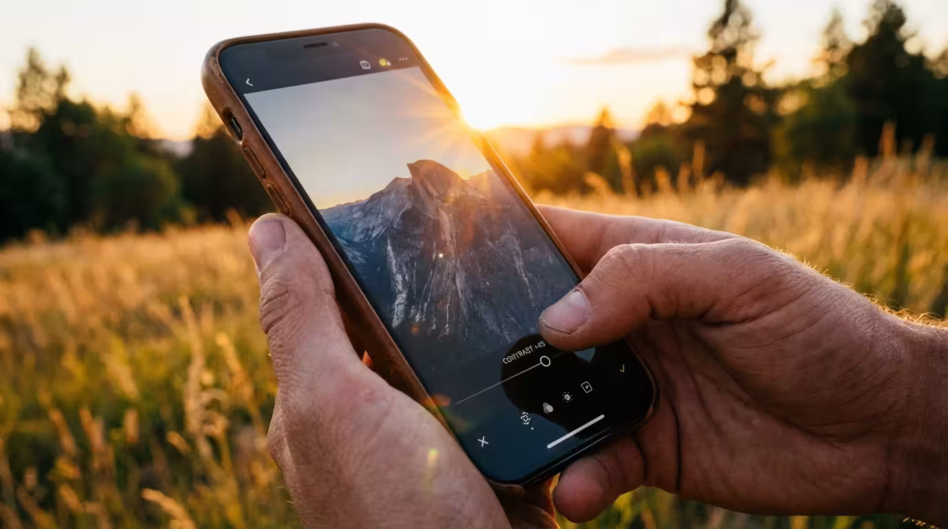 Close-up of hands editing a landscape photo on a smartphone during golden hour.