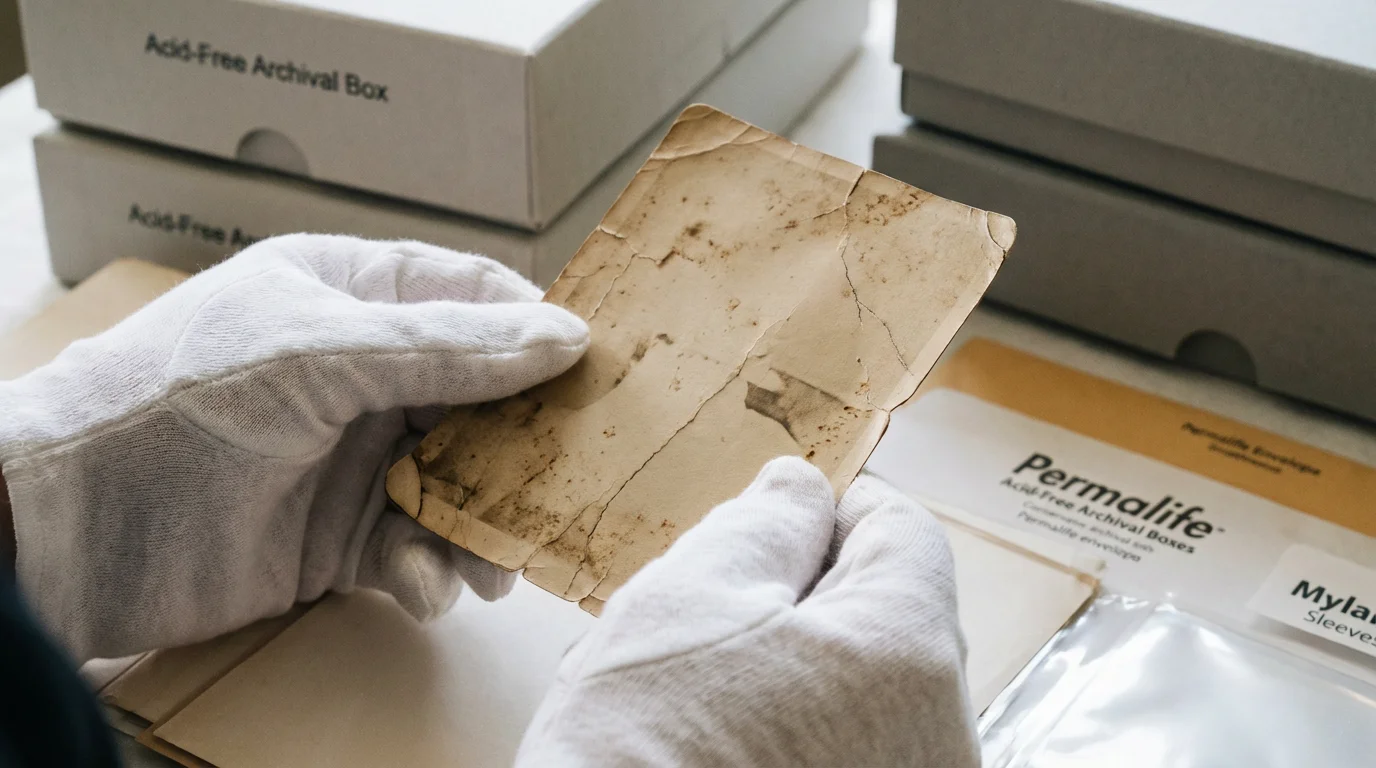Close-up of hands in white gloves carefully handling an old family photograph for preservation.