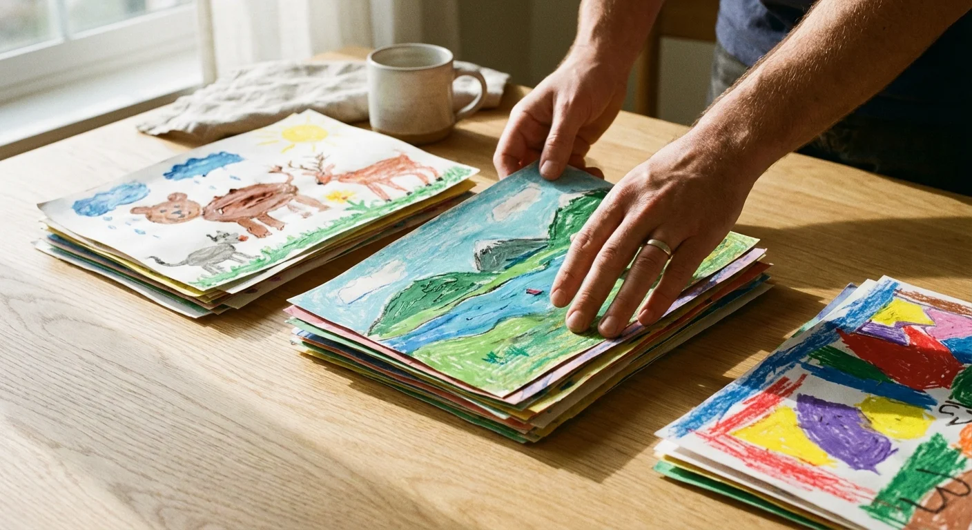 Close-up of hands organizing colorful children's drawings into neat piles on a light wooden table.