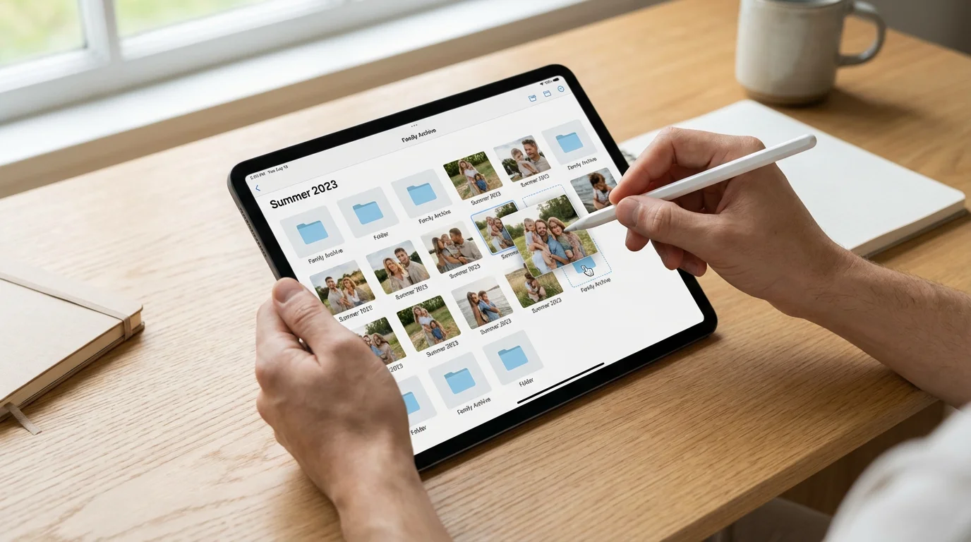 Close-up of hands organizing photos on a tablet with a stylus on a wooden desk.