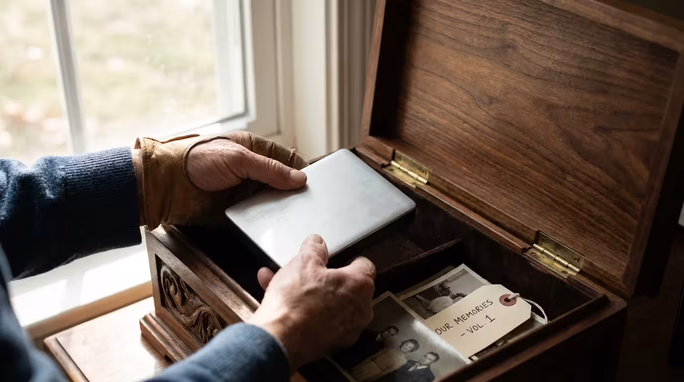 Close-up of hands placing a hard drive into a wooden box, symbolizing safe storage.