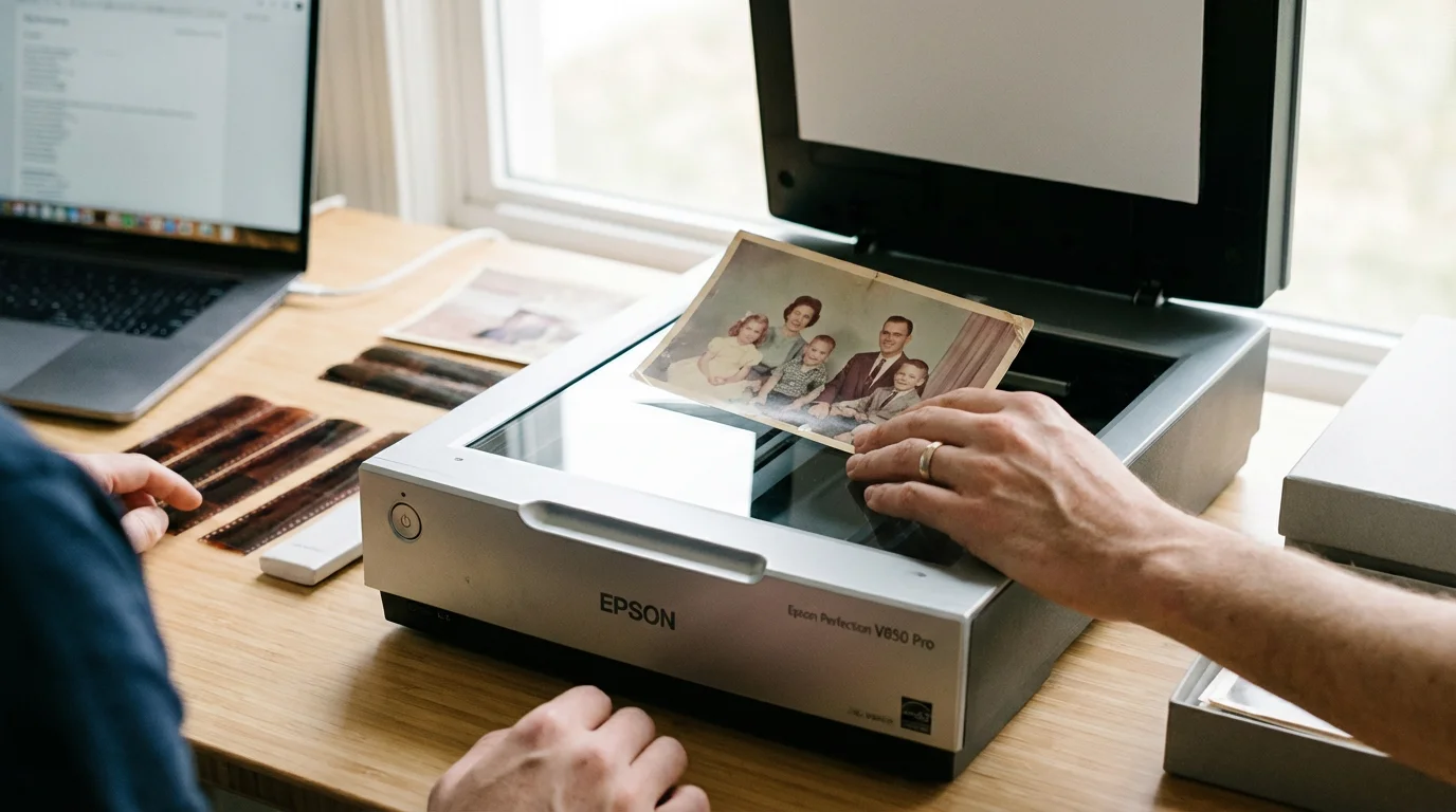 Close-up of hands placing an old photo onto a high-quality flatbed scanner.