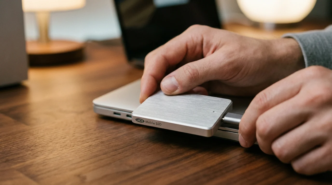 Close-up of hands plugging a silver external SSD into a laptop on a wooden desk.