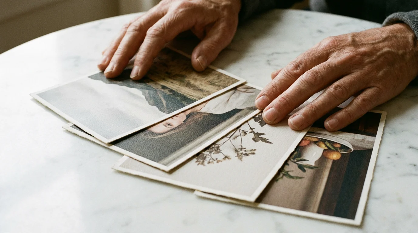 Close-up of hands resting on a curated stack of printed photographs.
